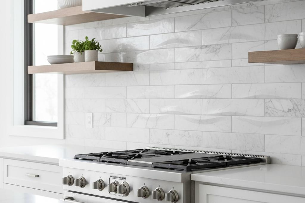 Kitchen with 3x12 matte white subway tile backsplash and stainless appliances
