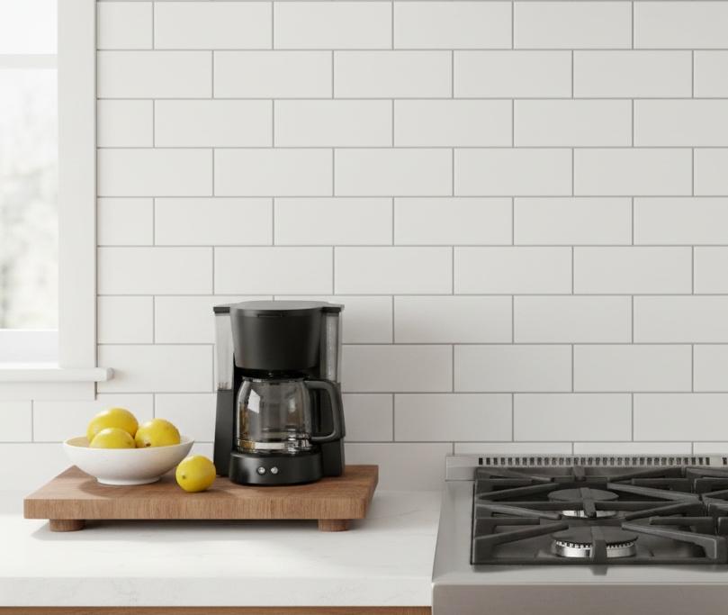4x8 matte white ceramic subway tile installed in modern kitchen backsplash