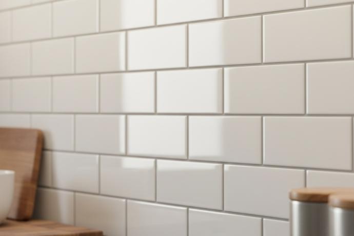 Close-up of 4x12 glossy white ceramic subway tile showing light reflection and smooth surface