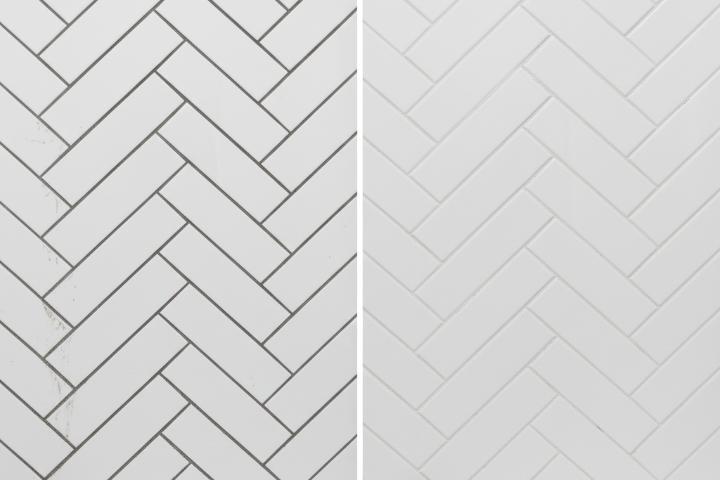 Side by side comparison of cleaned white grout between subway tiles