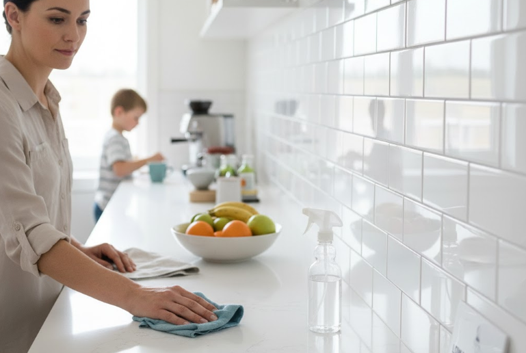Homeowner regularly cleaning kitchen countertop and backsplash