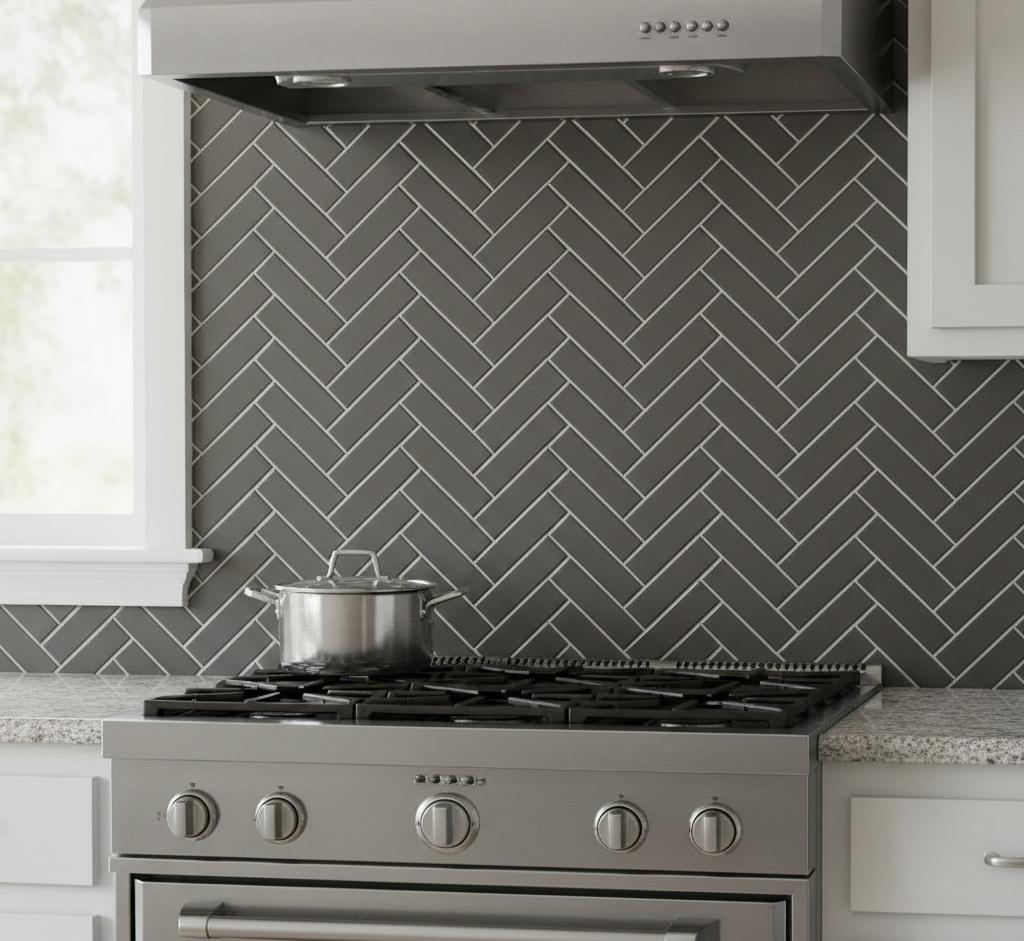 Gray subway tile herringbone pattern kitchen backsplash with white grout