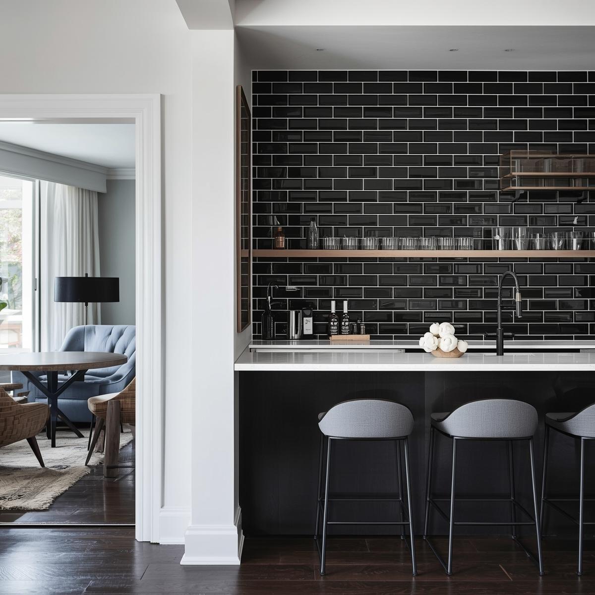 Modern black subway tile backsplash with white marble countertop and bar stools