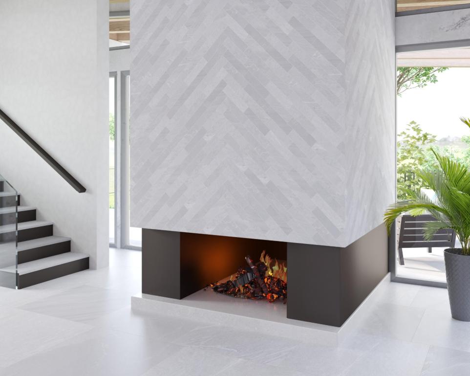 Modern fireplace surround tiled with gray Cardoso Stone Look Porcelain Subway Tile set in a clean, contemporary design.
