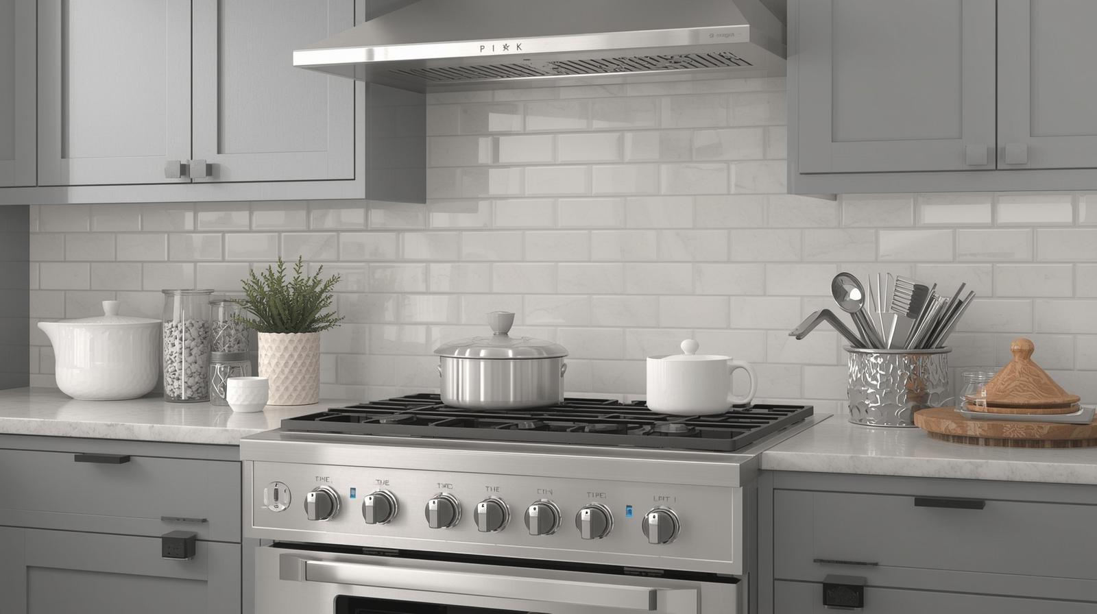 White subway tile kitchen backsplash with gray cabinets