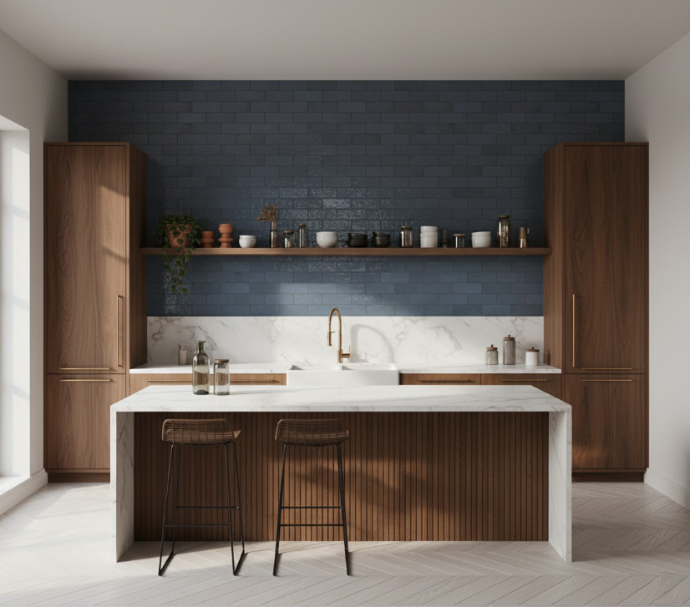 Modern kitchen with wood cabinets, marble island, and dark blue montera glossy subway tiles backsplash.