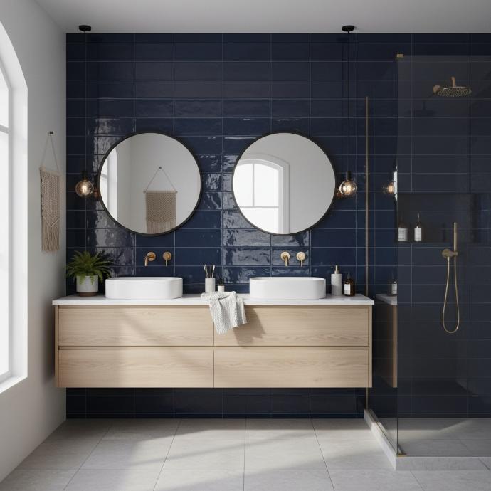 Navy blue stacked 3x9 subway tile in a modern bathroom with wood vanity and round mirrors.