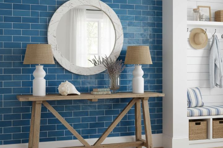 Blue subway tile accent wall coastal entryway decor