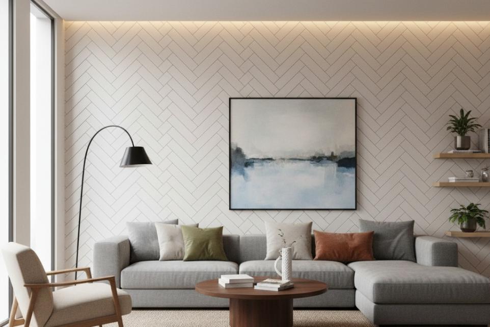 Herringbone subway tile idea in a modern living room