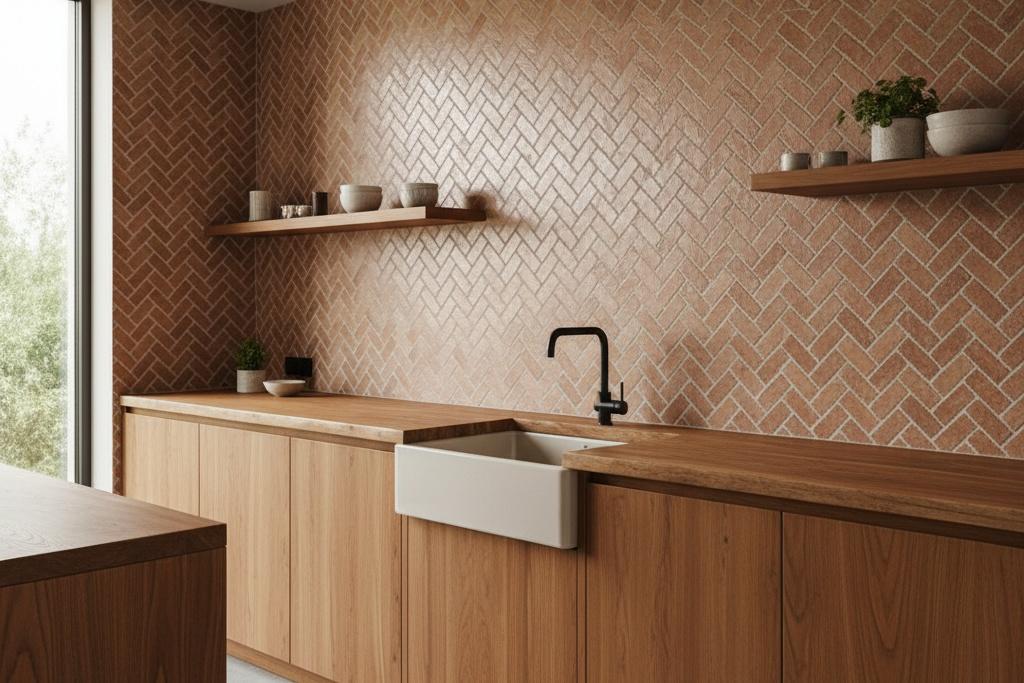 brown herringbone pattern subway tile