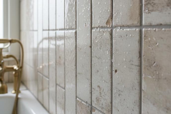 Porcelain subway tile installed vertically on bathroom wall showcasing vintage texture and weathered surface detail