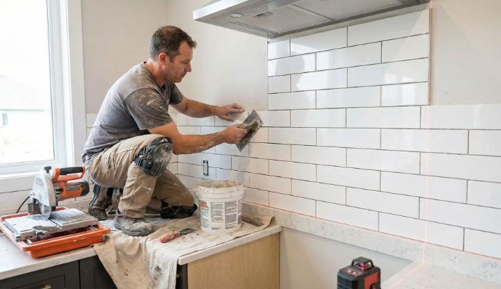 Professional tile installer working on full-height subway tile backsplash