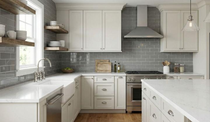Grey porcelain subway tiles in transitional kitchen design
