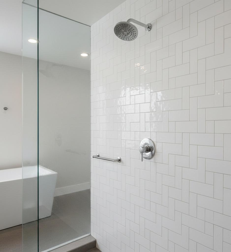 Modern bathroom shower wall featuring basketweave 5x10 ceramic subway tile in glossy finish with chrome fixtures