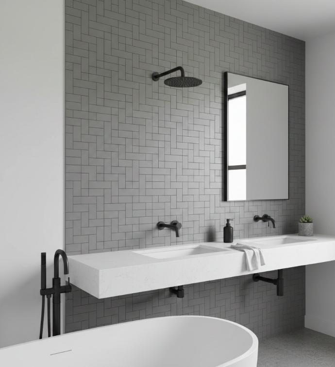 Gray porcelain basketweave 2x6 subway tile accent wall in contemporary bathroom with black fixtures and white countertop