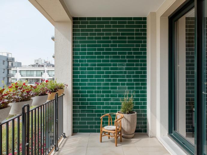green accent wall subway tile