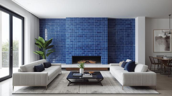Living room interior with 4x12 blue subway tile.