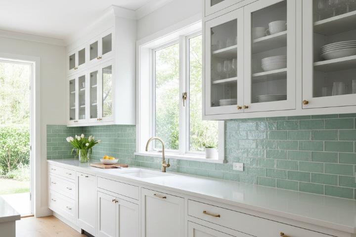 Kitchen with mint green backsplash and white cabinets