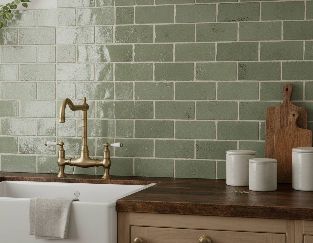 Sage green gradient subway tiles with brass faucet and wood countertop