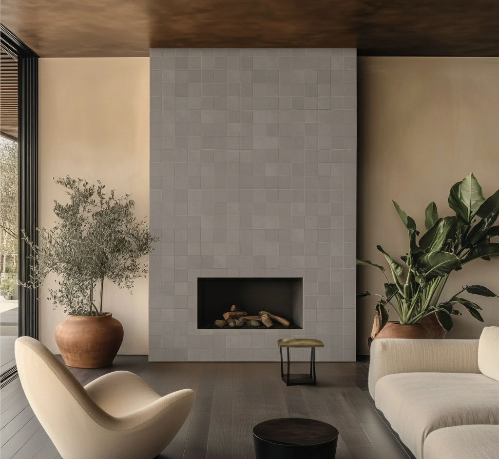 fireplace on modern living room subway tile