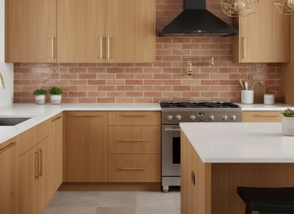 Modern kitchen with natural wood cabinetry, white quartz counters, and a textured terracotta tile backsplash.