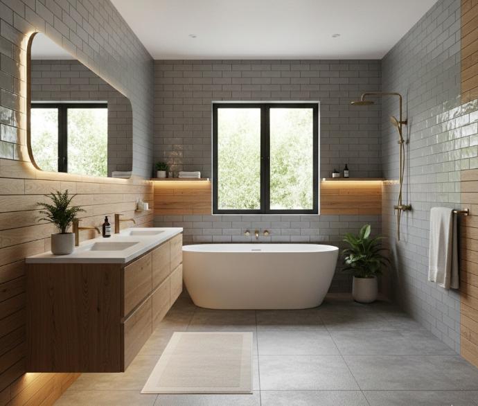 Mixed material bathroom featuring grey subway tiles with wood accents