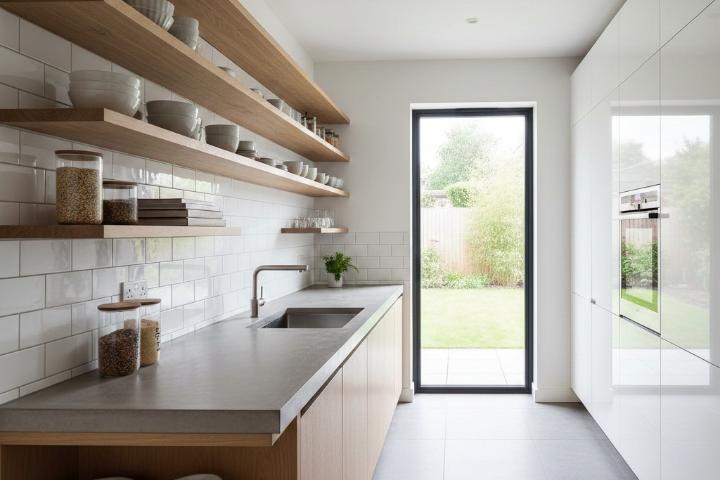 Wood shelving combined with white glossy subway tiles in modern kitchen