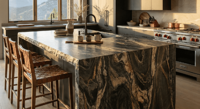 Modern kitchen featuring a massive central island with a thick, natural stone countertop.