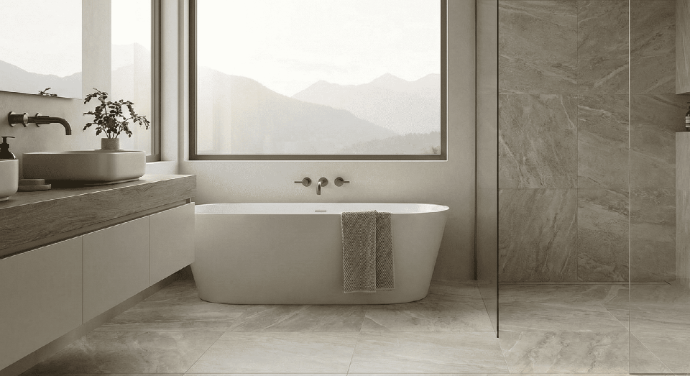 Modern bathroom featuring a seamless installation of large-format tiles