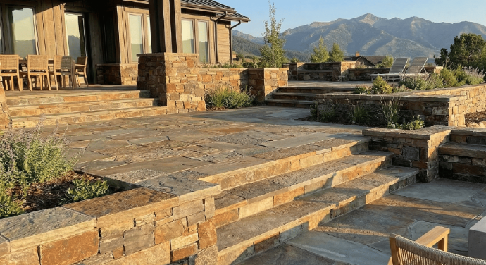 Modern outdoor living area featuring expert exterior stonework