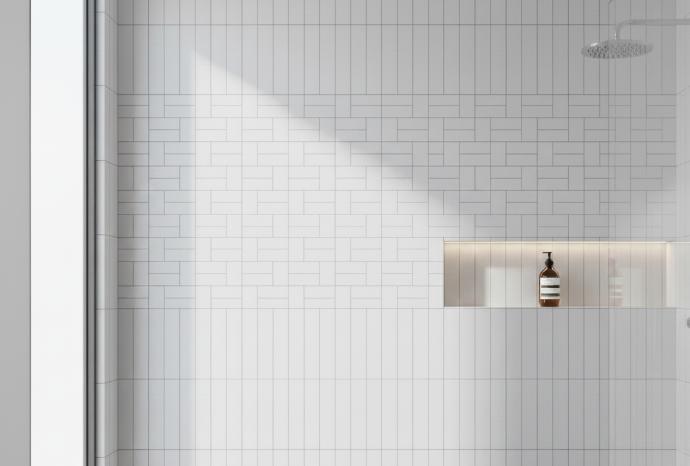 Contemporary bathroom shower wall featuring vertical basketweave 4x16 subway tile in matte finish with minimal grout lines