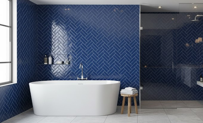 basketweave pattern on bathroom with white tub