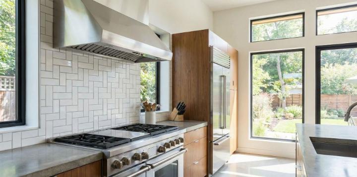 Basketweave subway tile reflecting innovative arrangement in a modern kitchen interior.