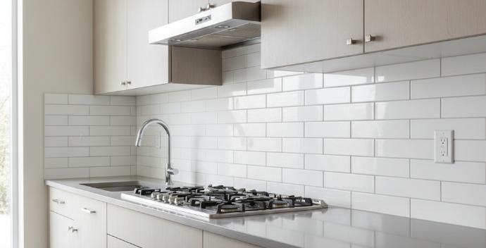 White subway tile accent wall in modern kitchen with gray cabinets