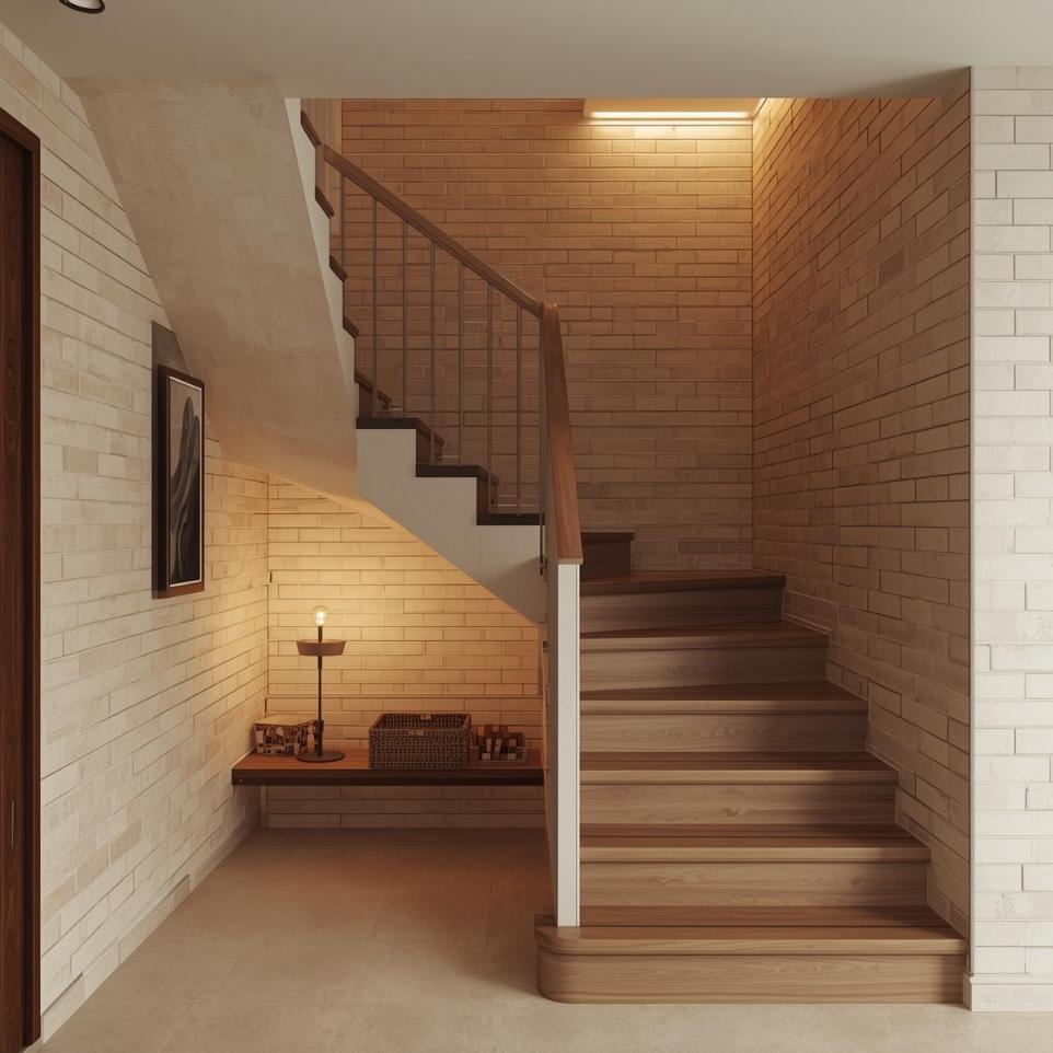 Modern staircase area with warm lighting and walls finished in Elongated 4x8 Subway Tile, featuring wooden steps, built-in shelving, and minimalist décor