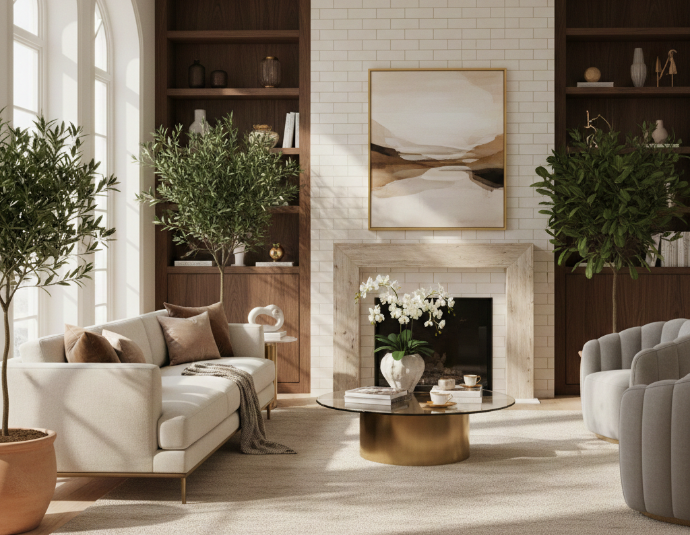 Elegant living room featuring a fireplace clad in running bond 2x8 subway tile, with built-in wood shelving, neutral furniture, and modern decor.
