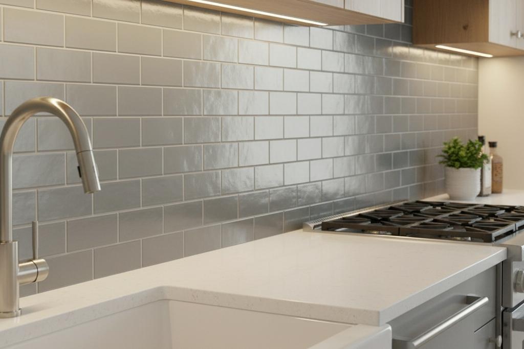 Running bond subway tile backsplash in light grey color emphasizing the modern kitchen space