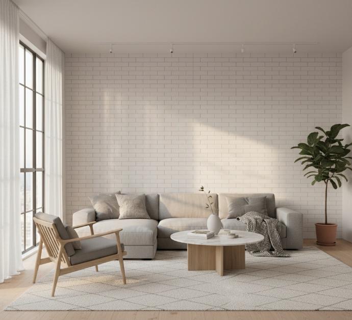 Horizontal 2x4 subway tile in matte finish creating clean lines in contemporary living room