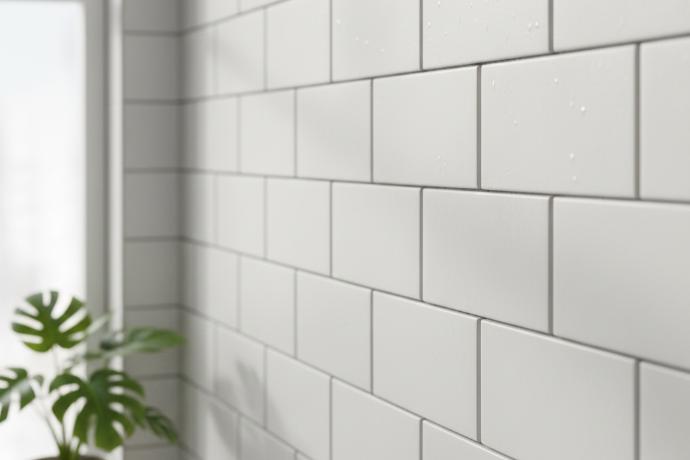 Close-up of horizontal 5x10 porcelain subway tile showing smooth matte finish and clean grout lines