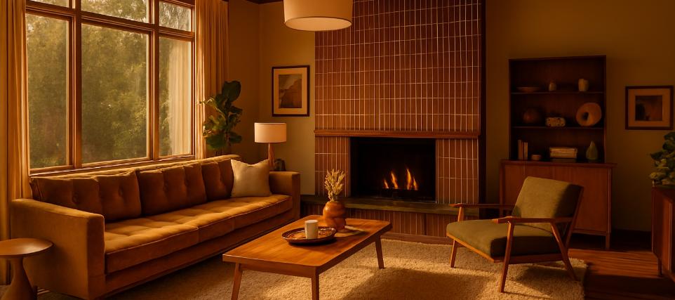 Mid-century modern living room with a fireplace featuring Vertical Stack 3x12 Subway Tile, warm wood furniture, cozy sofa, and soft ambient lighting.
