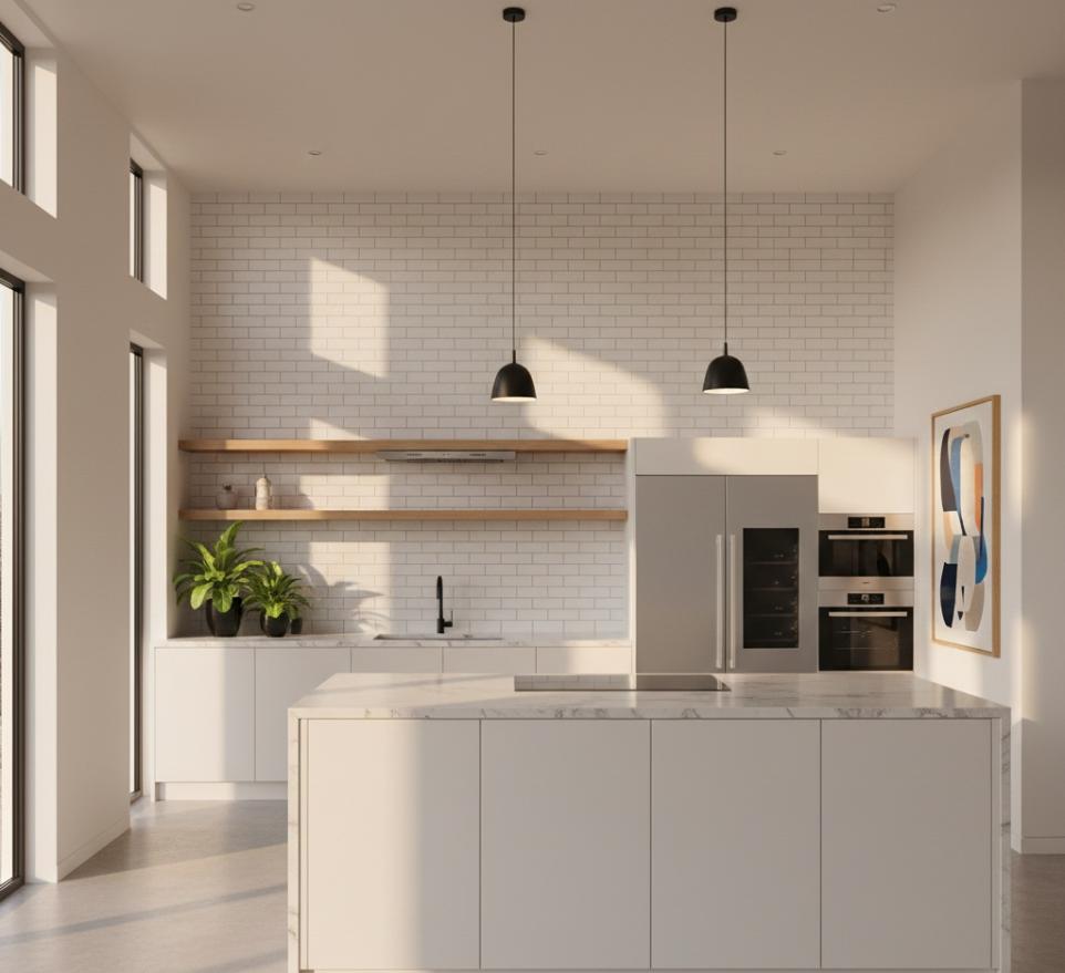 Running bond 5x10 subway tile in glossy white finish installed on modern kitchen backsplash