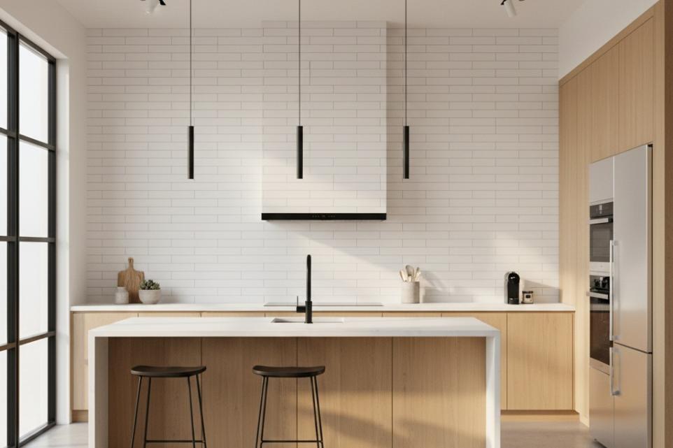 A wide view of a modern kitchen featuring a floor-to-ceiling white subway tile backsplash in a horizontal arrangement