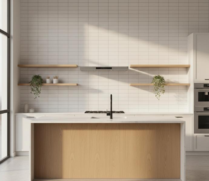 Kitchen backsplash featuring horizontal stacked 2x6 subway tile in cement gray with stainless steel appliances