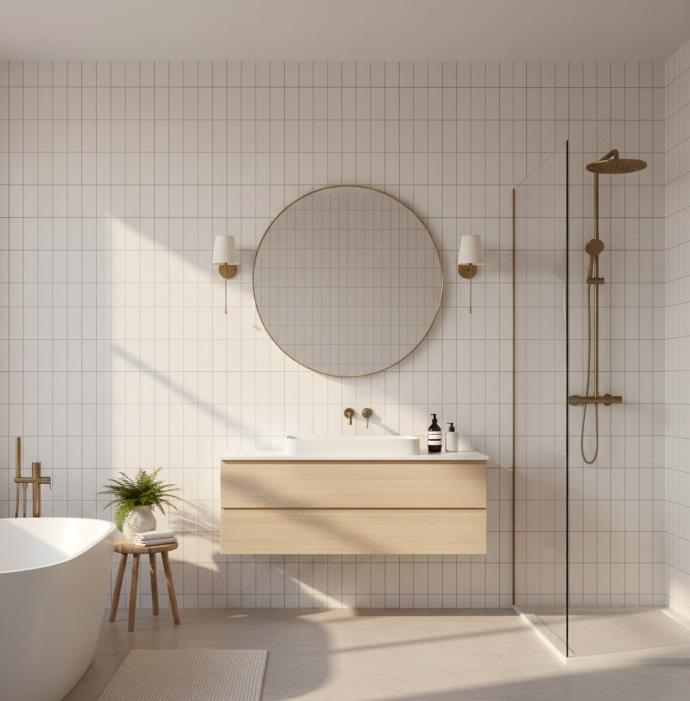 Stacked 2x6 cement-look matte porcelain subway tile installed in modern bathroom shower with vertical pattern