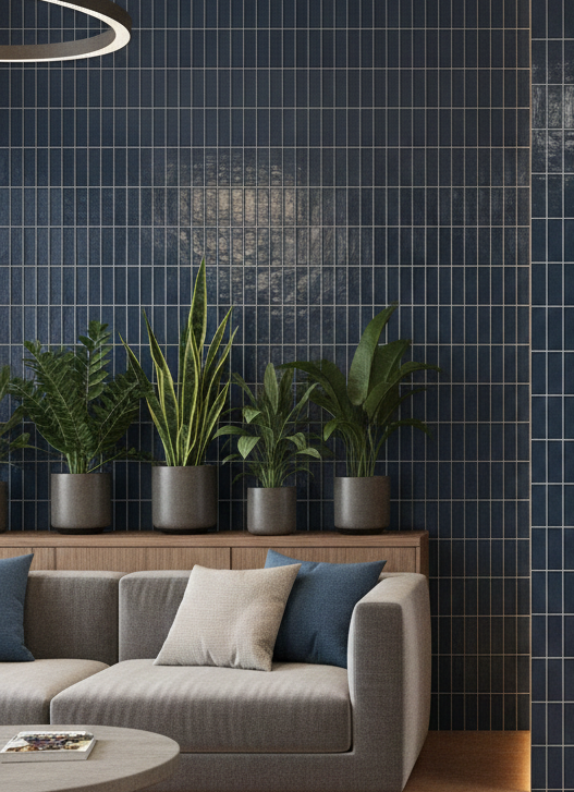 A modern living space featuring a textured, dark navy blue 2x6 subway tile wall behind potted plants and a grey sofa.