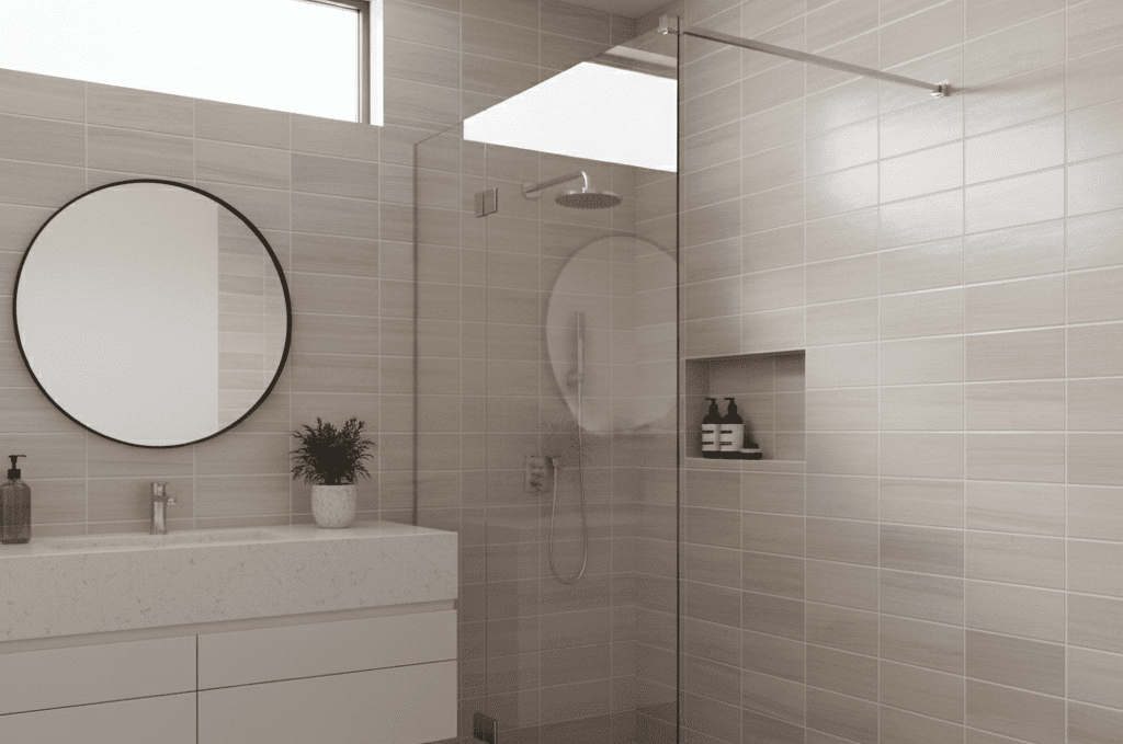 Luxury walk-in shower with full-height stacked subway tile walls in beige color with rainfall showerhead