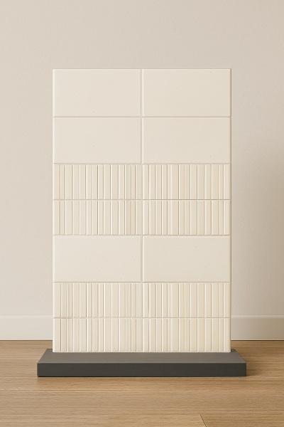 Close-up of sample stacked bond subway tile layout showing matte porcelain finish and precise grout lines