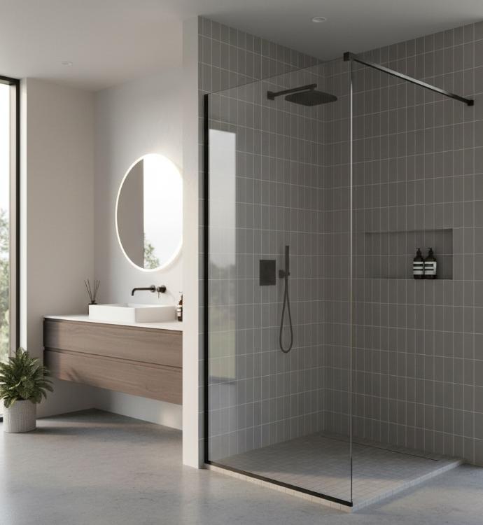 Contemporary bathroom shower with stacked 4x12 porcelain subway tiles in matte gray finish with minimal grout lines