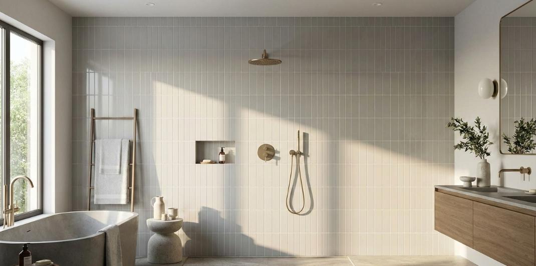 Bathroom shower wall featuring vertical installation of 4x16 subway tile in light gray color