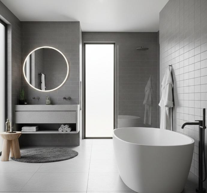 Matte gray porcelain subway tile surrounding freestanding bathtub in modern bathroom with natural light